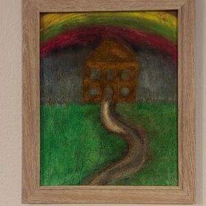 Original Pastel Painting by Local Child Artist Wooden Frame, “Rainbow House”